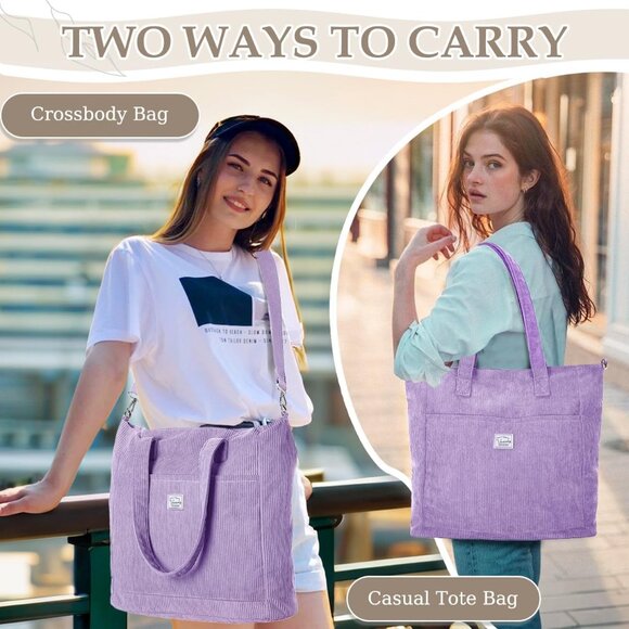 Light Purple Corduroy Tote Bag for Women, Large Capacity, Zipper Closure - Picture 6 of 8